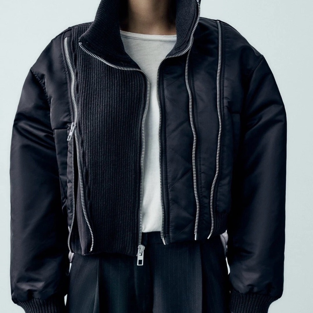 NWT!! ZARA NAVY PINSTRIPE COMBINED BOMBER JACKET MULTI ZIP PADDED S